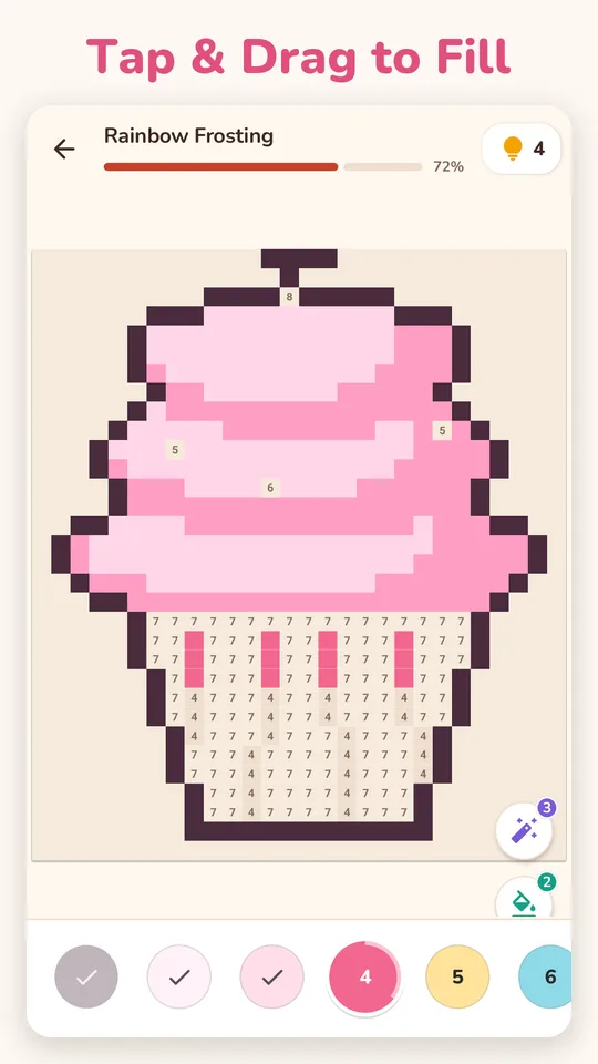 Tap and drag to fill a cupcake, square by square