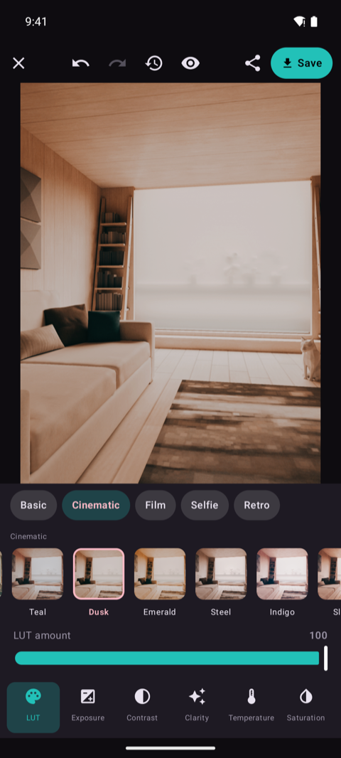 Built-in photo editor with exposure, contrast, clarity and tone tools
