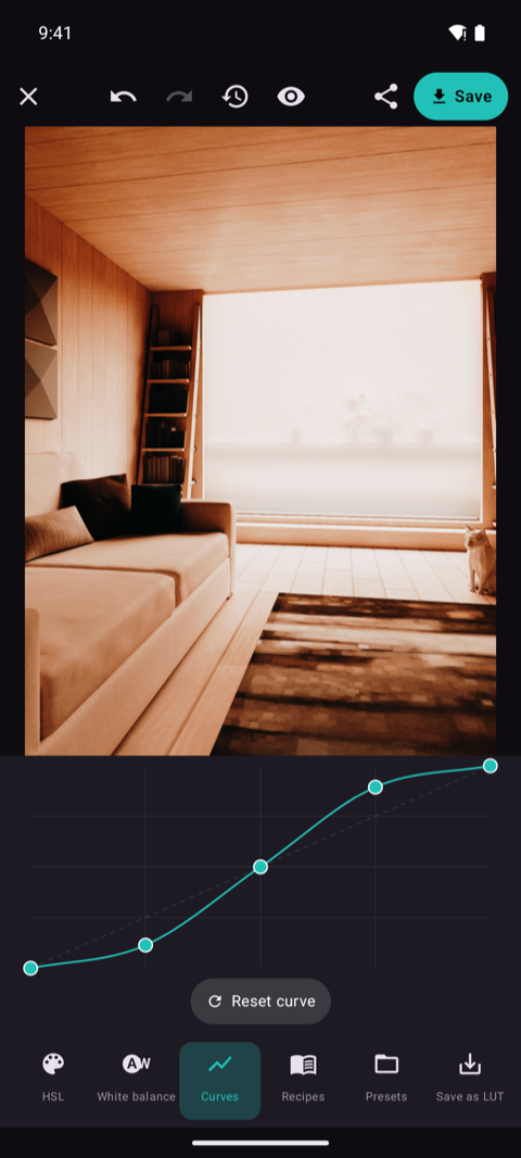 Tone curve editor with a five point curve over the photo