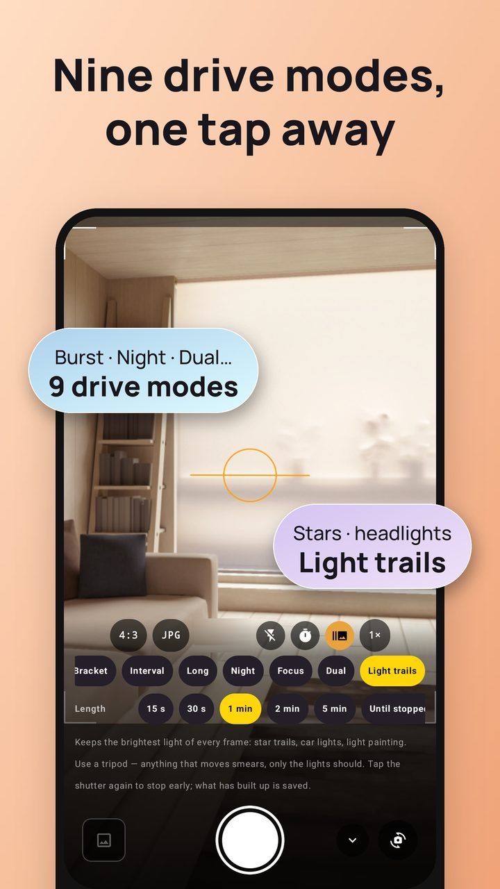 Drive mode panel with burst, night, dual and light-trail modes