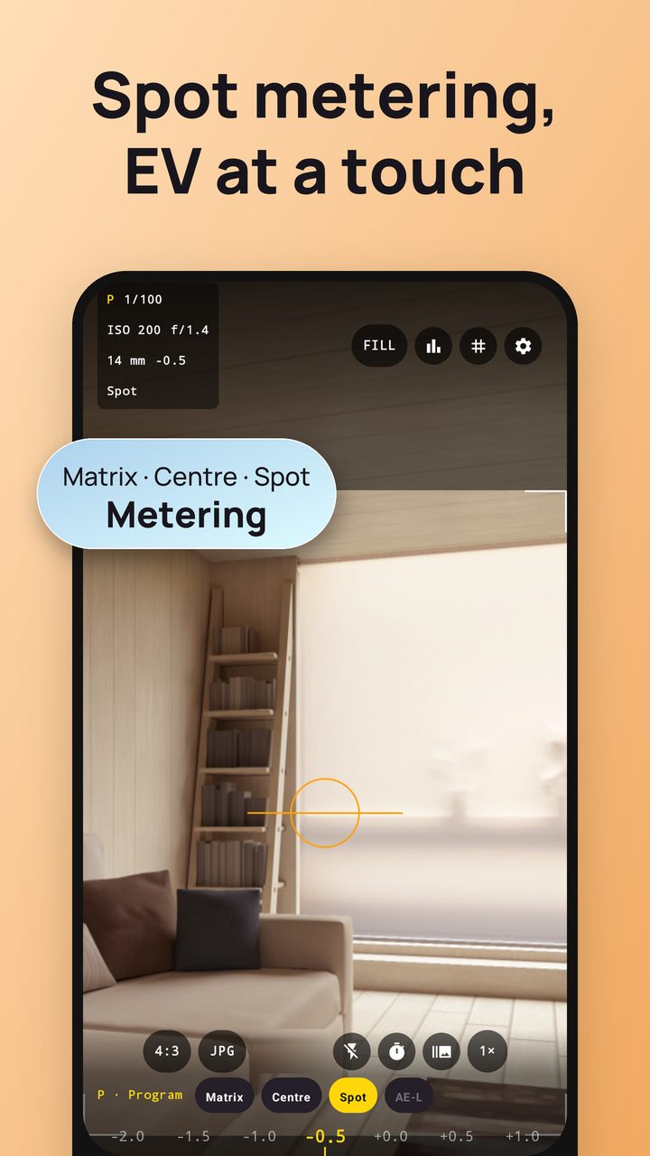 Matrix, centre-weighted and spot metering with EV compensation
