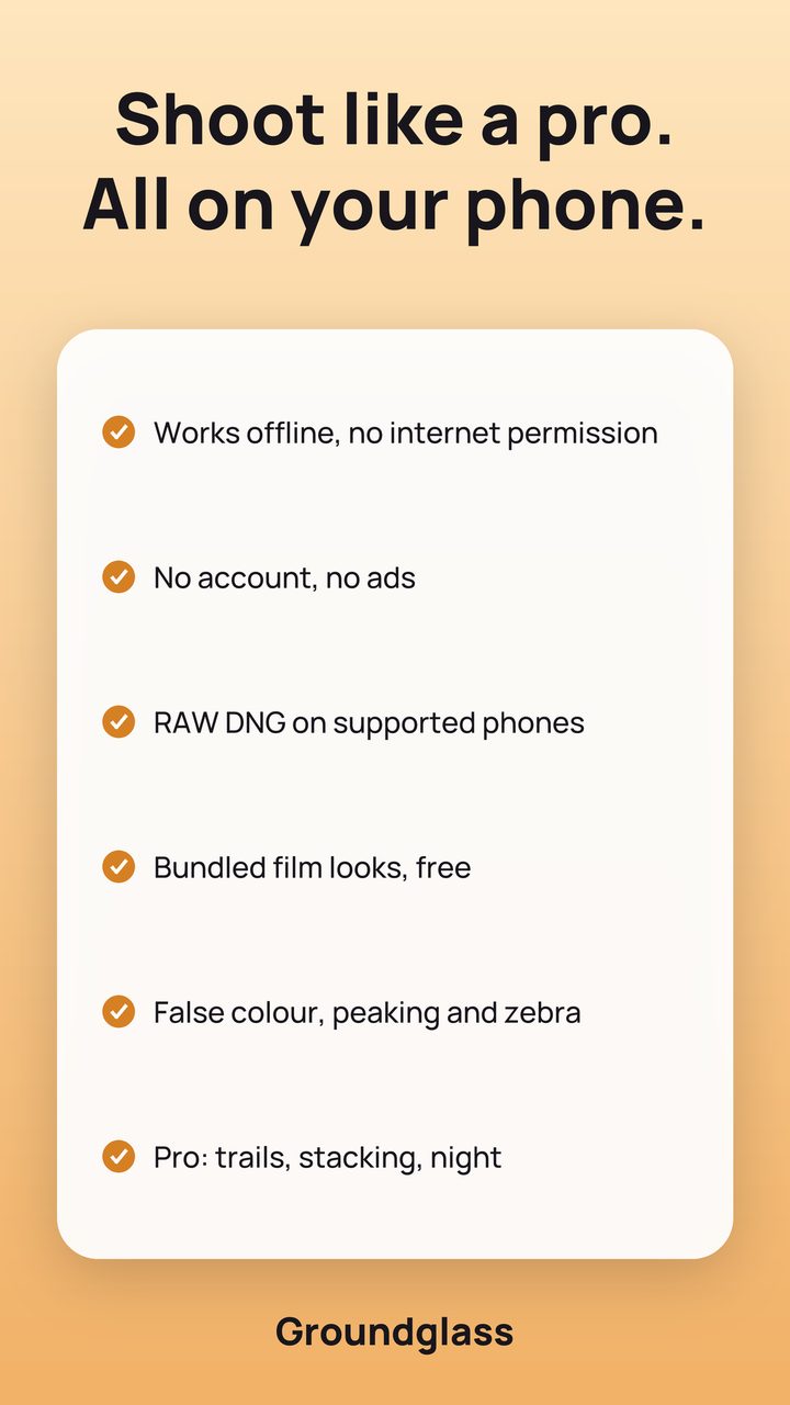 Summary: works offline, no account, RAW DNG, free film looks, Pro modes