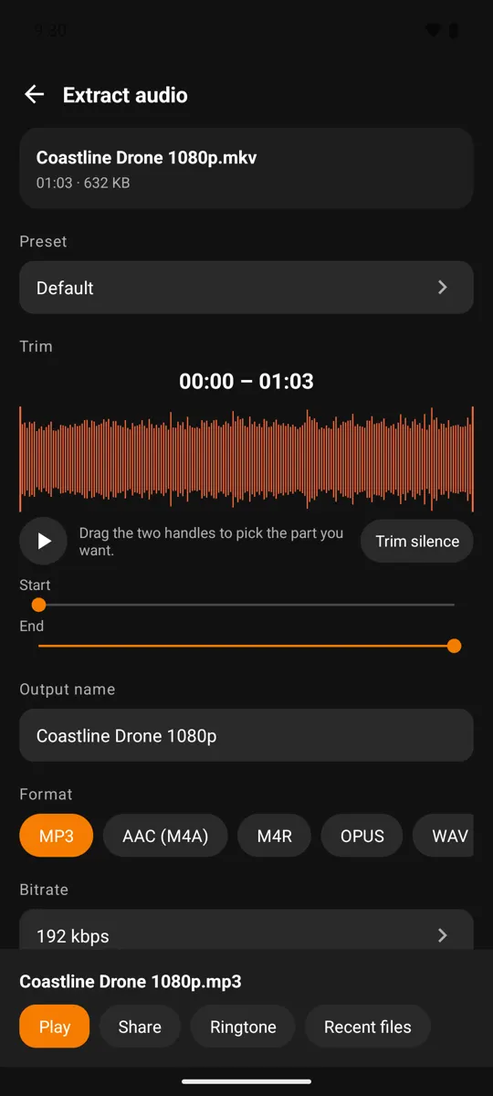 Result screen after converting, with Play, Share, Ringtone and Recent files buttons