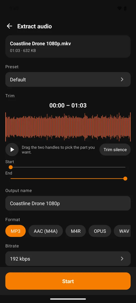 Extract audio screen showing a waveform with trim handles, output name, format chips MP3, AAC (M4A), M4R, OPUS, WAV and a 192 kbps bitrate